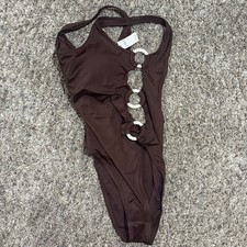 Aerie One Piece Cheeky Swimsuit Brown Ring Detail UPF 50 size L NEW