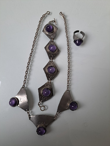 Sublime,Vieux Set de Bijoux,Tin Danmark,Étain Danemark,Améthyste,Fait à la Main