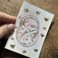 ACEO Original Mixed Media Painting Baby Pig Angelina Abraham 