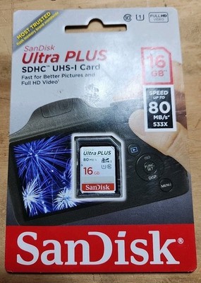 SanDisk Ultra PLUS 16GB UHS-1 SD FULL HD VIDEO Class 10 - SDHC Card 80 MB/s New