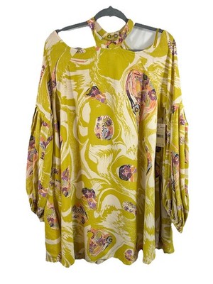 Free People Drift Away Tunic Dress S Chartreuse Floral Boho Fairy Whimsigoth