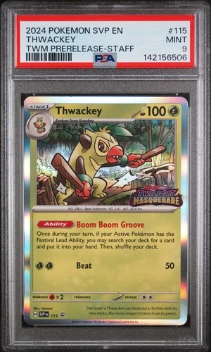 2024 POKEMON SVP PROMO TWILIGHT MASQUERADE PRERELEASE-STAFF #115 THWACKEY PSA 9