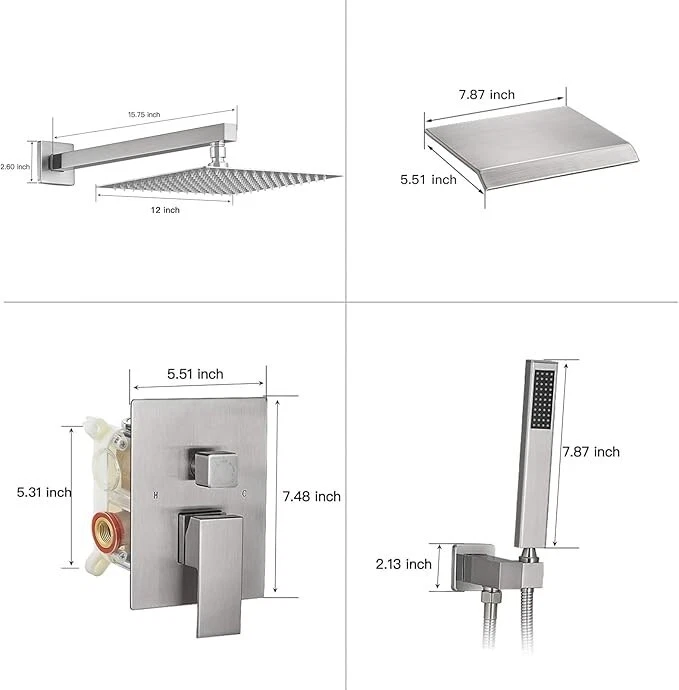 Wall Mounted 12'' Rainfall Shower System with Waterfall Tub Spout Bathtub Faucet - Image 2 of 4
