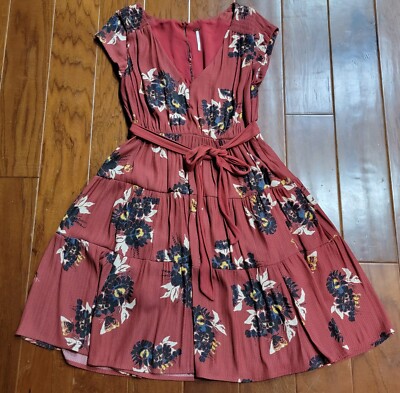 Free People Womens Floral Knee Length Tiered Dress V-neck Red Size 6 | eBay