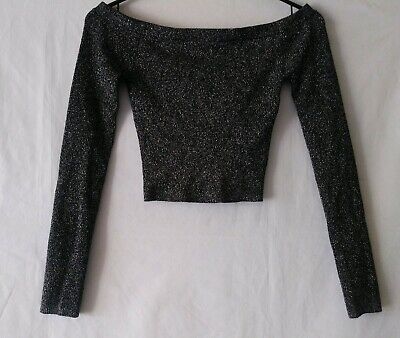 Bershka Women&#039;s Cropped Shirt siz M Metallic Sequin Effect Silver Black NWT | eBay