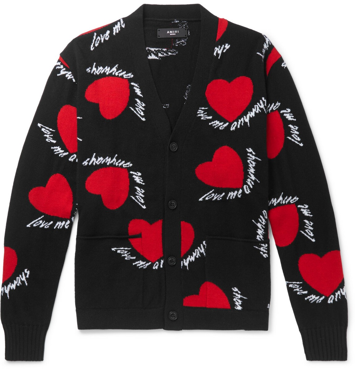 AMIRI Intarsia Cashmere Wool-Blend Cardigan Medium Black Hearts