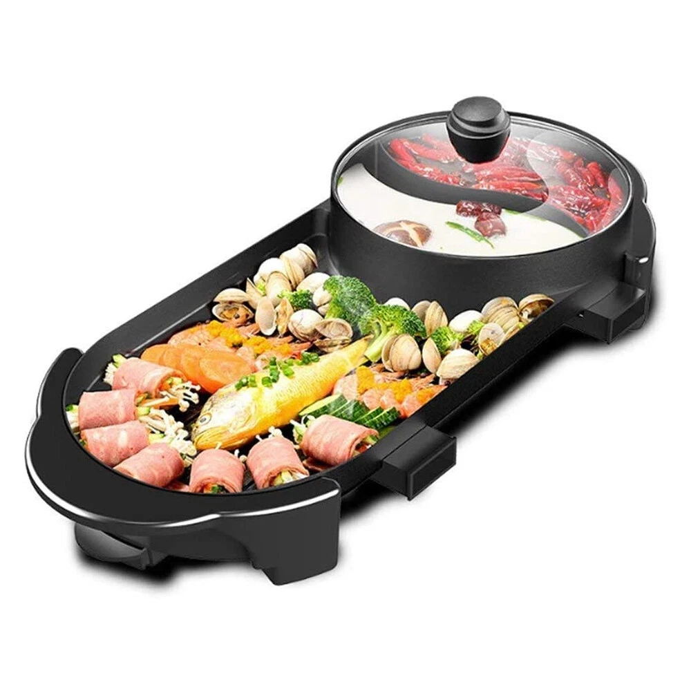 Electric Non-stick Barbecue Grill Pan Hot Pot Portable Teppanyaki Home BBQ 2 in1
