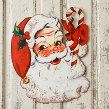 Vintage Style Christmas Santa Claus with Candy Cane Metal Hanging Sign