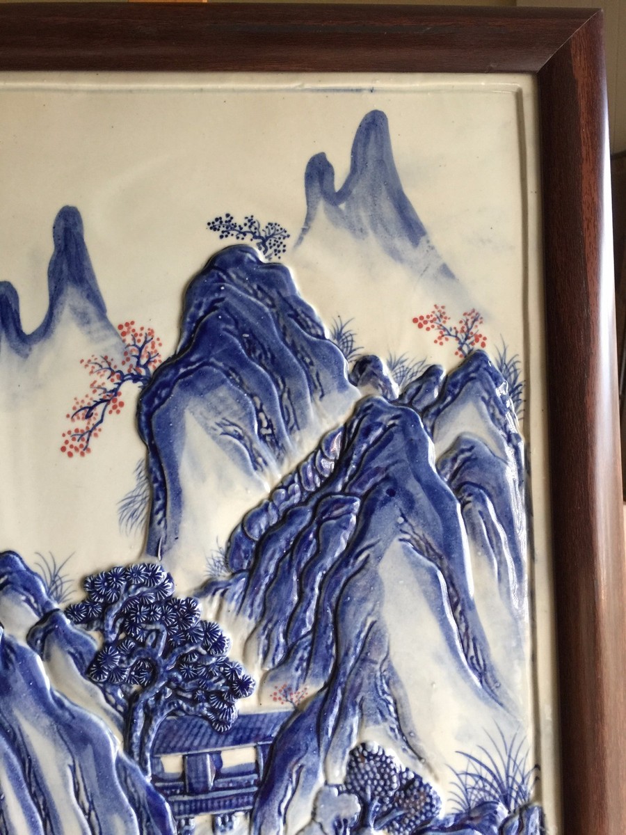 Vintage Large Chinese Porcelain Tile Landscape, Framed, 33 1/2