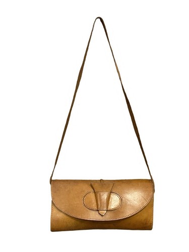 VTG 60S 70S TAN BROWN LEATHER GEOMETRIC GOGO SLIDE CLASP BAGUETTE SHOULDER BAG - Picture 2 of 5