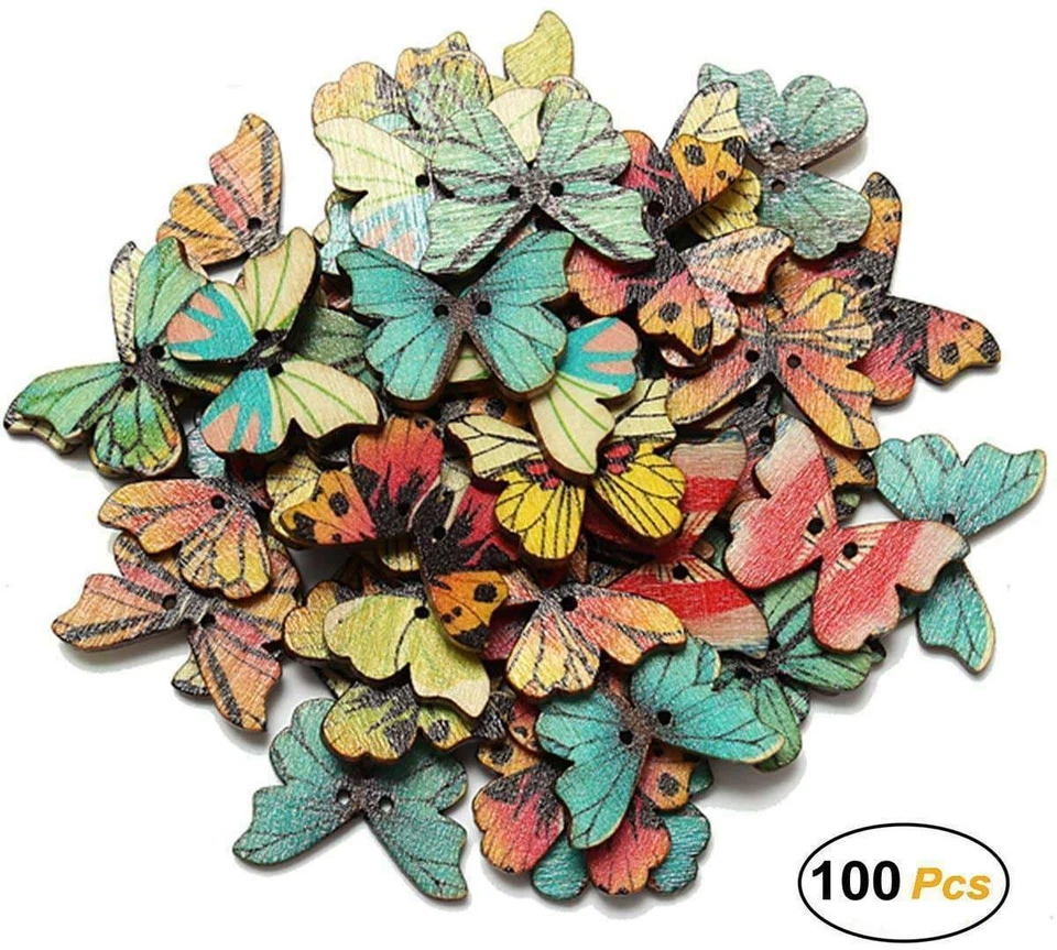 100x Mixed Wooden BUTTERFLY BUTTONS 28mm - 2 Hole Craft Sewing Embellishments/UK - Image 3 of 4