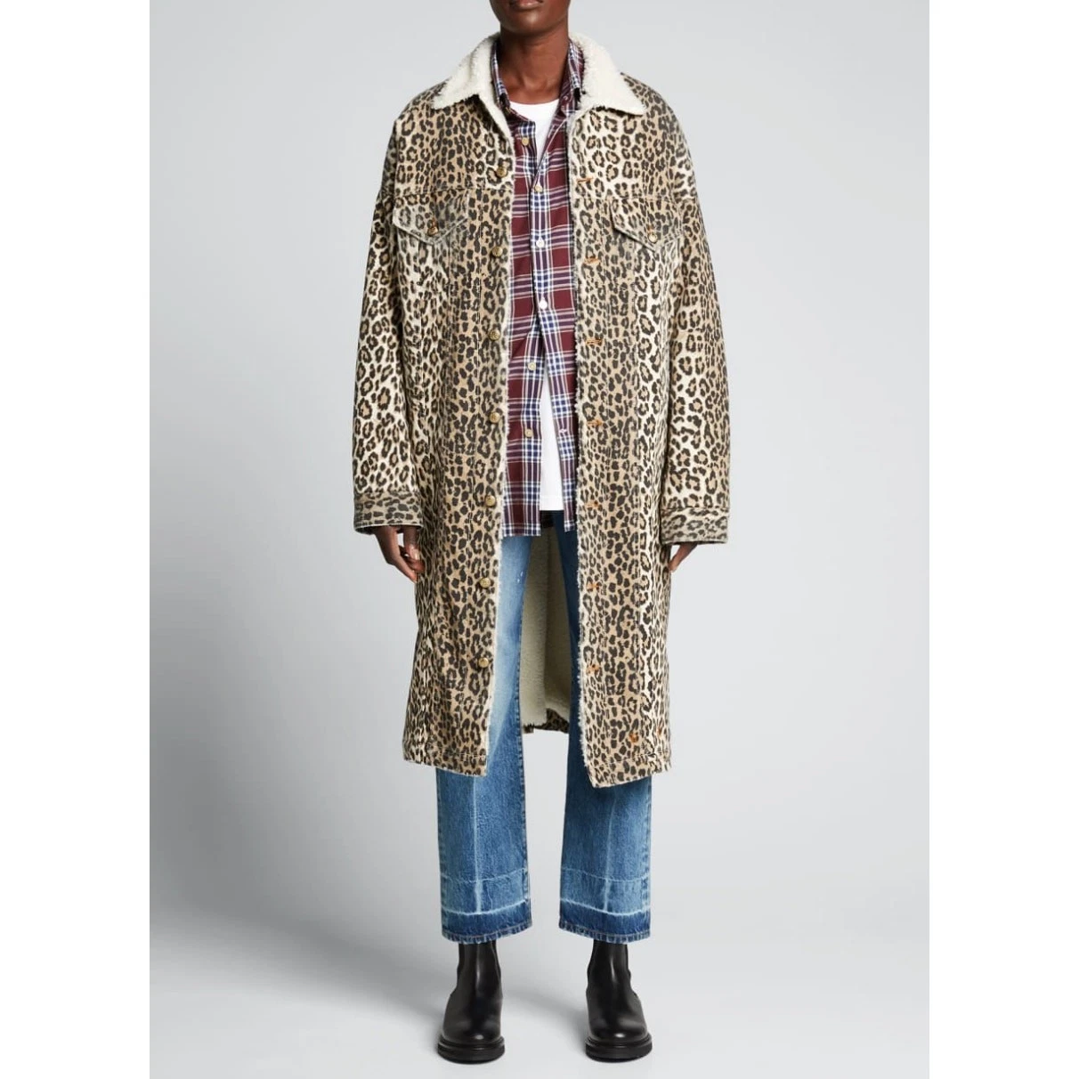 NWT $1195 R13 Mens Lyle Sherpa Lined Leopard Trucker Coat Jacket Size M - product detail image 1