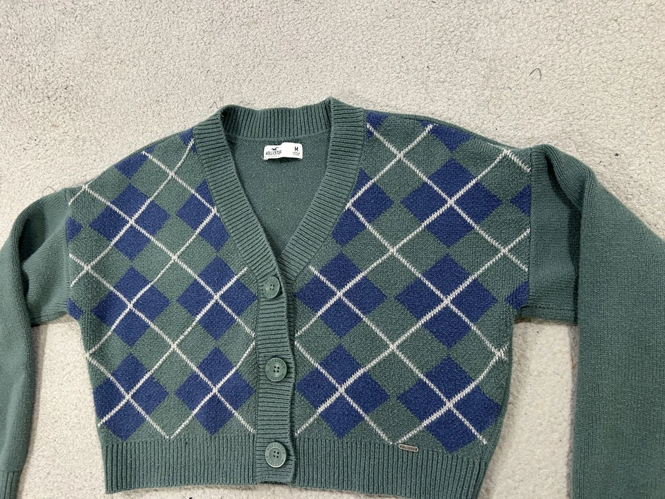 Suéter Hollister Mujer Mediano Verde Azul Argyle Recortado Botón Cárdigan Preppy Foto 2 de 4