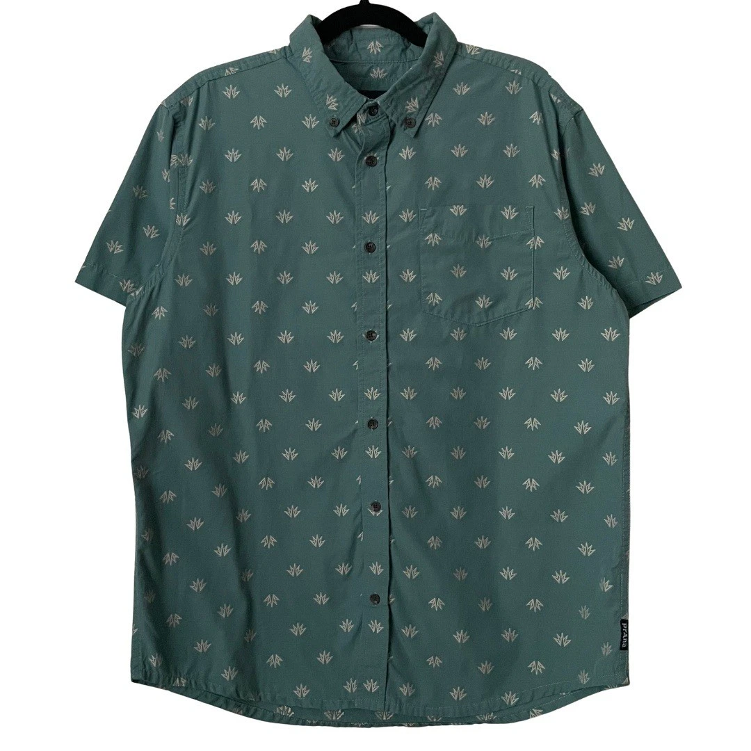 Prana Shirt Mens Medium Broderick Leaf Print Camp Outdoor Hiking Organic Cotton