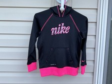 Nike Therma-fit Hooded Pullover Jacket Hoodie Girls Medium Black with Pink