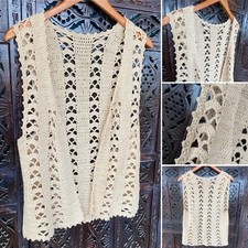 VTG Handmade Crochet Sweater Vest Women M Open Knit Cotton Boho Tan Festival 70s
