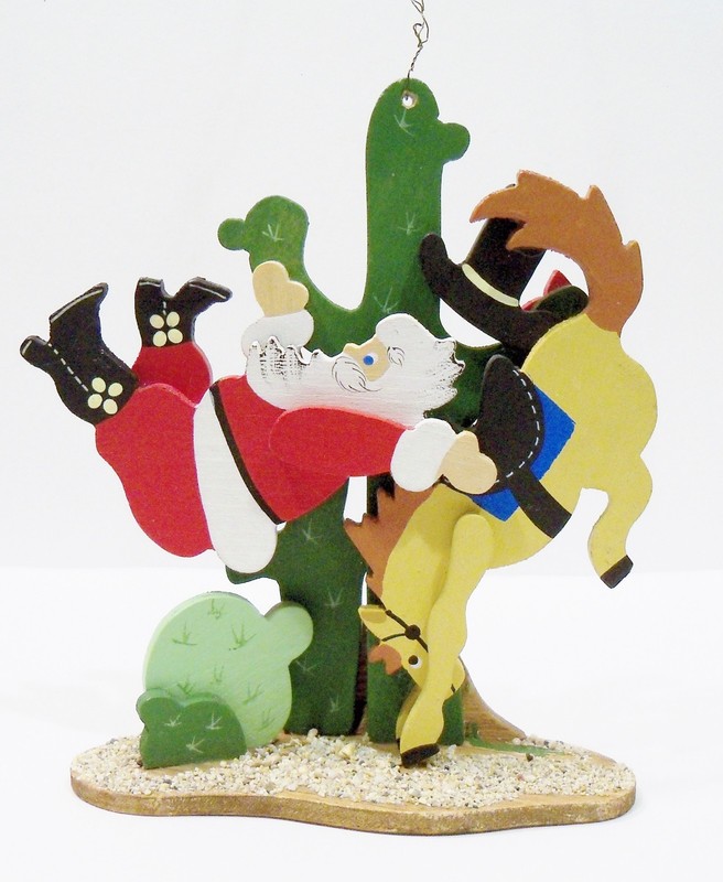 Emgee Hawaii Bucking Bronco Cowboy Santa Claus Horse Wooden Wood TLC Ornament
