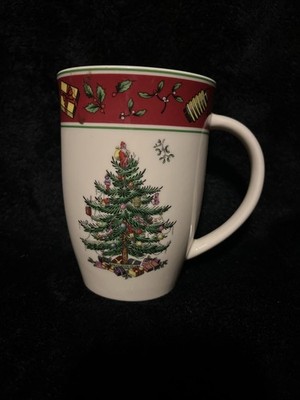 SPODE VINTAGE CHRISTMAS TREE MUG CHOCOLATE 4 1/2'' LATTE CUP SANTA Red Rim