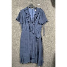 Tahari Faux Wrap Dress Womens Size 10 Blue Ruffle Front Belted Short Sleeve