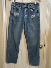 American Eagle Mom Straight Blue Distressed Stretch Jeans Women Size 6 Regular