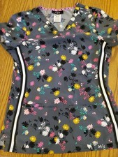 Heartsoul Scrub Top Small EUC Black With Multicolored Flowers