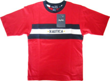 Nautica boy Tee Shirt Size 7 Y XL Red Navy Blue Crew neck Cotton Striped 38 NWT