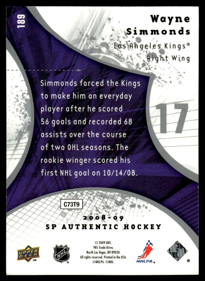 2008-09 SP AUTHENTIC FUTURE WATCH Wayne Simmonds Rookie Los Angeles Kings #189 - Image 2 of 2