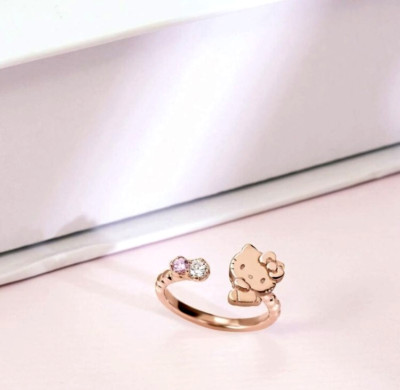 Lovely Rose Gold Cartoon Character Hello Kitty Cat Bow CZ Adjustable Ring!
