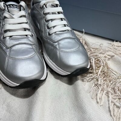 NEW PRADA Logo Nylon Casual Laceup Sneakers Silver Argento US 8.5