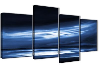 Großes indigoblau weiß abstraktes Sonnenuntergang Leinwandbild - 4-teilig - 130 cm breit - 4332