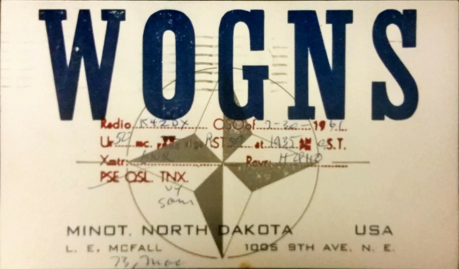 amateur ham radio QSL postcard W0GNS L.E. McFall 1961 Minot North