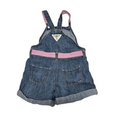 OshKosh B'Gosh Denim Shortalls Girls 3T Blue Pink Gingham Trim Bib Overalls Farm