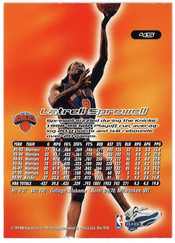 1999-00 Fleer Ultra - Latrell Sprewell #45 - Image 2 of 2