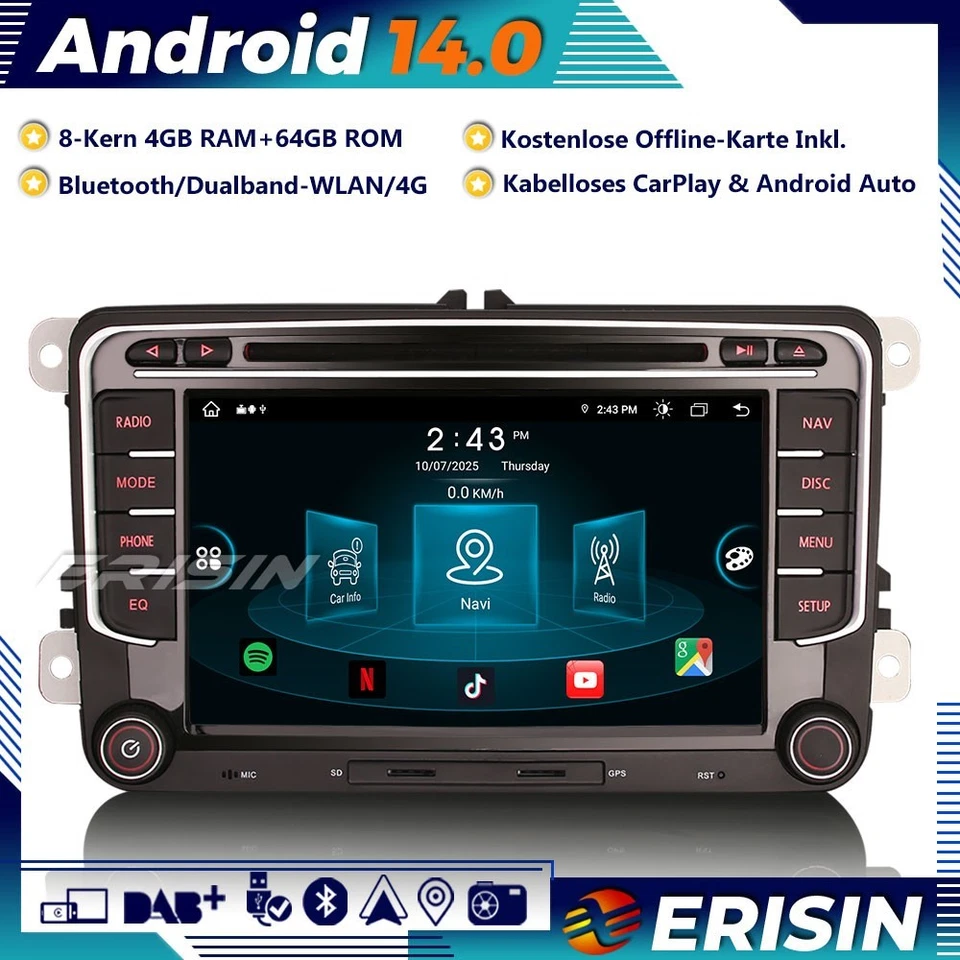 8-Kern CarPlay Android 14 GPS DAB+ Autoradio Für VW Golf 5/6 Caddy EOS Touran T5 - Bild 1 von 4