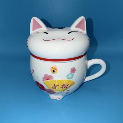 VTG - Maneki Neko Lucky Cat Ceramic Tea Mug with Lid - Auspicious Fortune design