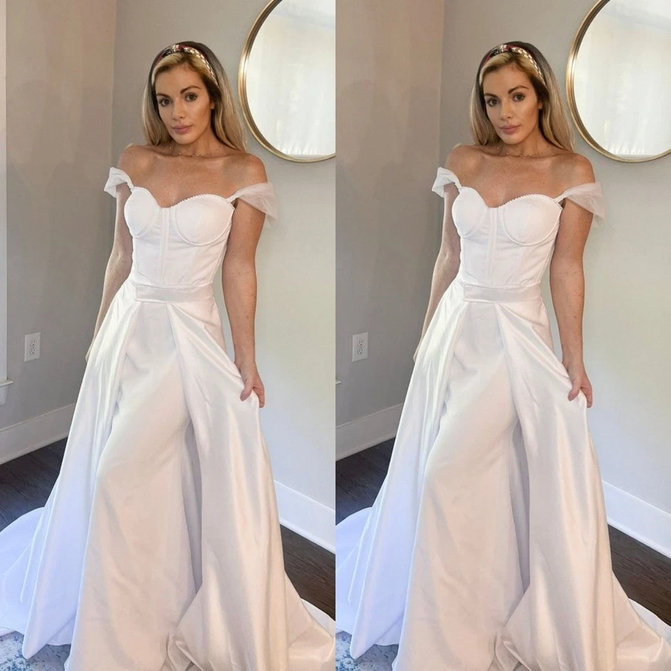 Vestidos de novia satinados sirena tren desmontable blancos fuera del hombro vestidos de novia Foto 3 de 4