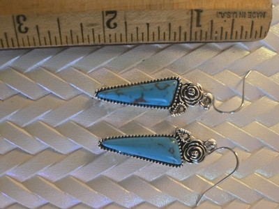Silver Plated Faux Turquoise  Teardrop Dangle/Drop .925 SS Hook Earrings 