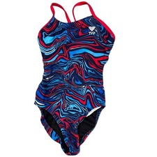 TYR DuraFast Elite HEATWAVE CutOutFit 1pc Swimsuit Navy Red Girls Size 22 - 80