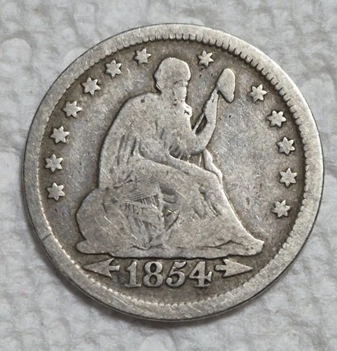1854 P 25c 90% Silver Seated Liberty Dime. V Good 8.Arrows No Motto. Video M0098