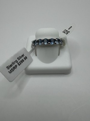 #R57 925 Sterlingsilber runder Blautopas Krappenfassung Bandring Größe 8