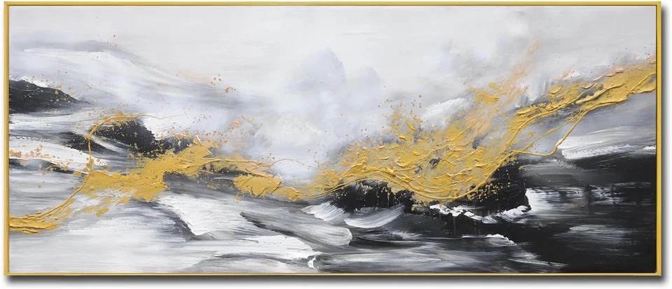 Arte de pared abstracto pintado a mano en lienzo para sala de estar, pintura al óleo moderna enmarcada en 3D Foto 2 de 4