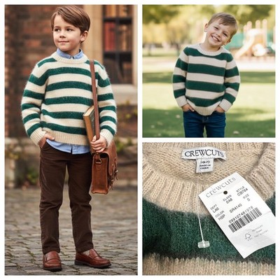 J Crew Crewcuts Boys Green Striped Fuzzy Sweater Wool Alpaca Preppy Small NWT