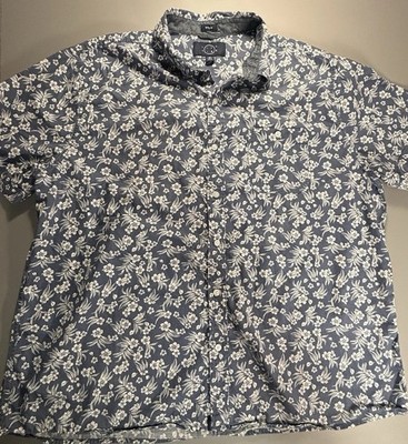Even Tide Men s 2XL Blue Floral Short Sleeve Button Up Shirt 100% Cotton Casual