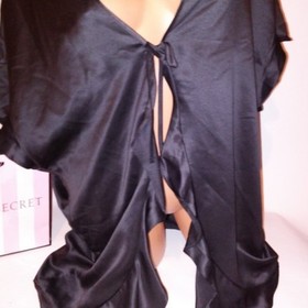 Victoria Secret Robe One Size Sexy Solid Black Ruffle Trim Tie Lingerie Kimono