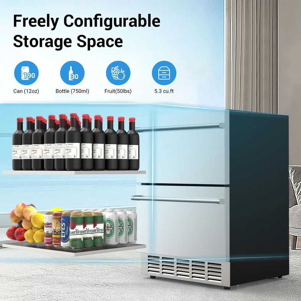 24-дюймовый холодильник под прилавок с двойным ящиком холодильник для напитков нержавеющая сталь - Изображение 3 из 4