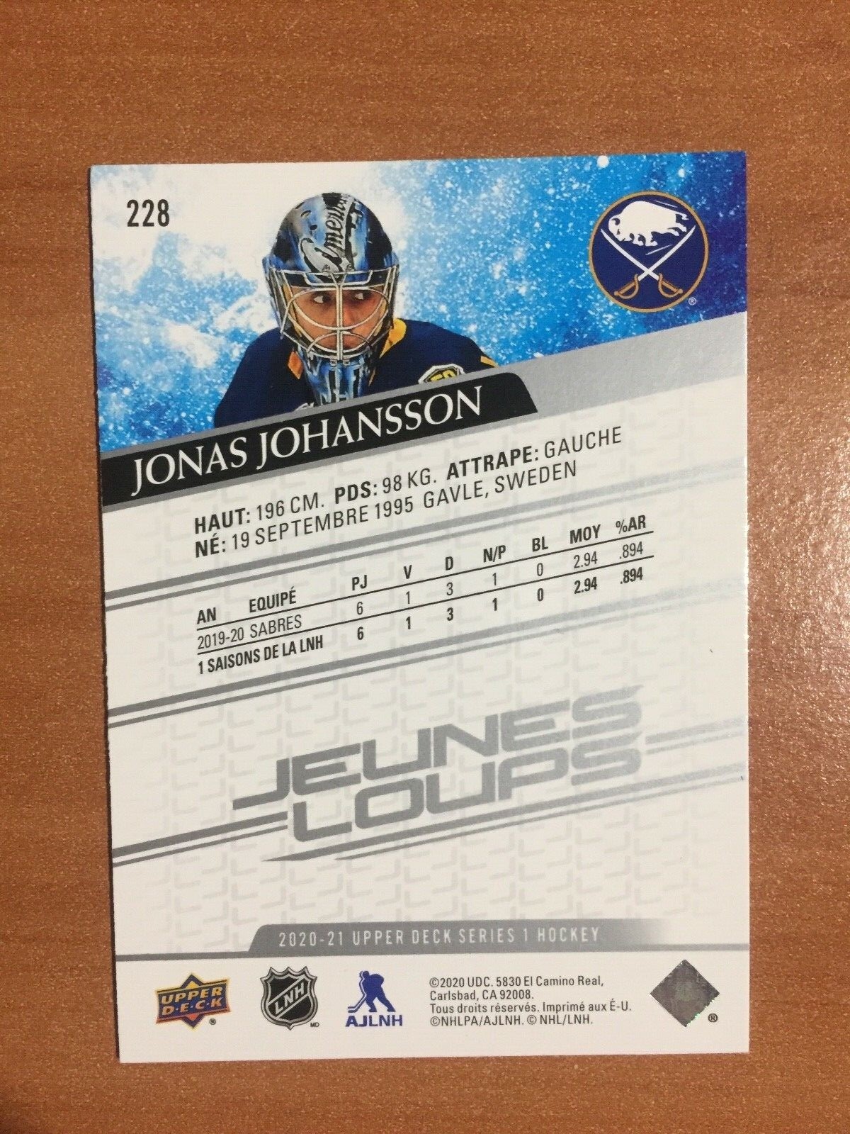 202021 UD Upper Deck Jonas Johansson Young Guns YG Rookie RC FRENCH