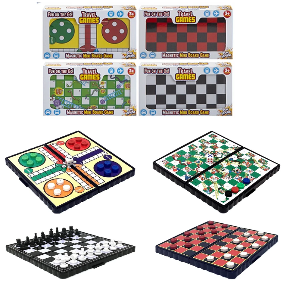 4 Travel Games Magnetic Board Draughts, Chess, Ludo, Snakes & Ladders Kids Adult