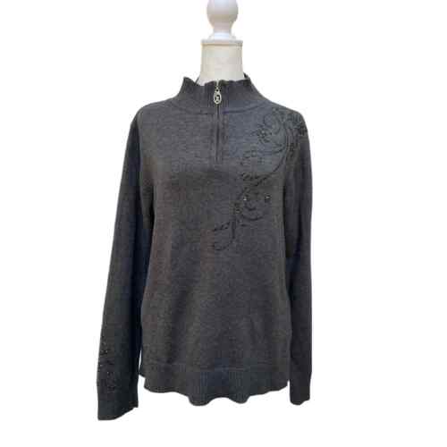 Christine Alexander Women's Medium Gray Quarter Zip Sweater Rhinestones ...
