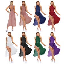 Womens Leotard Keyhole Back Dress Party Rhinestone Chiffon Lyrical Patchwork