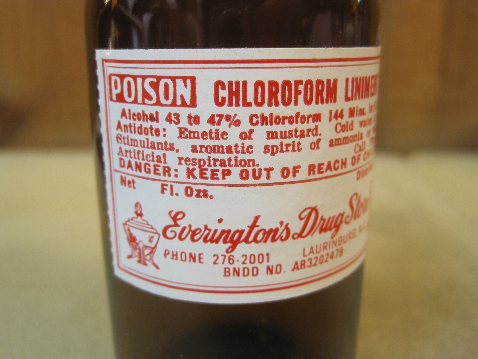 Amber Chloroform Liniment Pharmacy Poison Label on EMPTY Amber Medicine Bottle